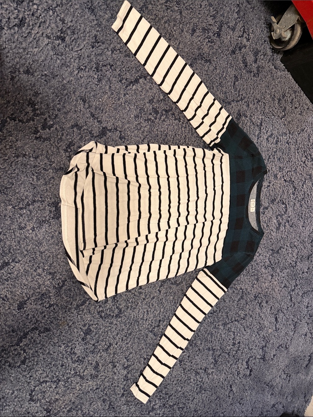 Striped White and Black Women's Long-Sleeve Sweater with Plaid Yoke